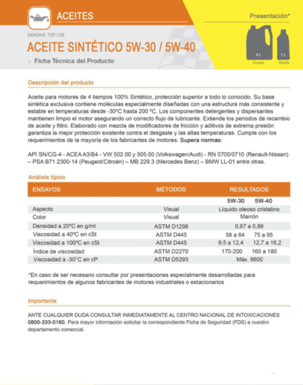 Aceite 100% sintético 5W-30 Bardahl